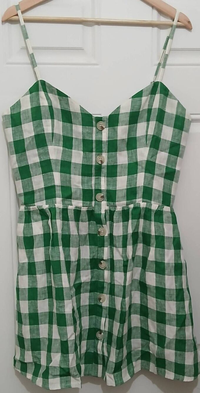 Reformation womens size 12 green white buffalo plaid shift dress 100% linen
